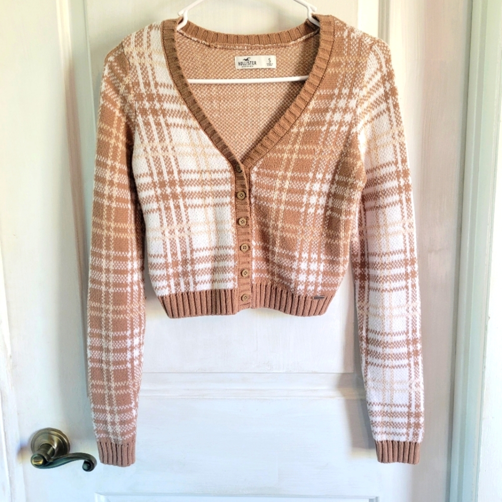 Hollister | Women's Plaid Tan And White Cropped Cardigan | Size Small